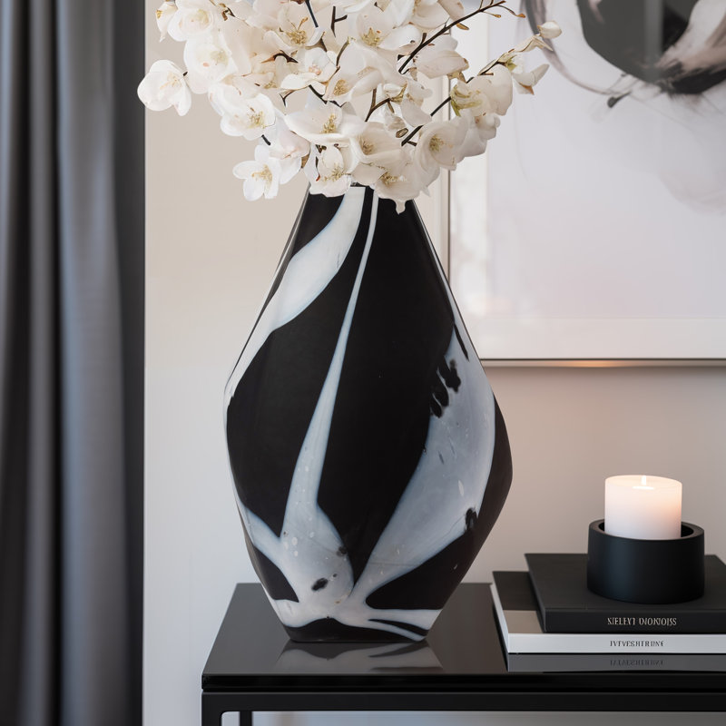 Modern Neutral Glass Black Abstract Abstract Contemporary Vase, 19" H x 12" W x 12" D