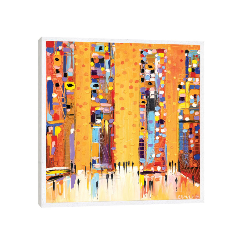 Sunset In The City by Ekaterina Ermilkina - Painting on Canvas, 45.72 cm H x 45.72 cm W, White Framed