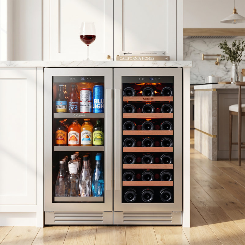 30 Inch Wine & Beverage Refrigerator Combination, Dual Temperature Zone 34-65 ℉，6 Cu.ft Built-In/Freestanding Wine Beverage Fridge, 33-Bottle Wine Fridge & 100-Can Beverage Cooler with Adjustable Shelves
