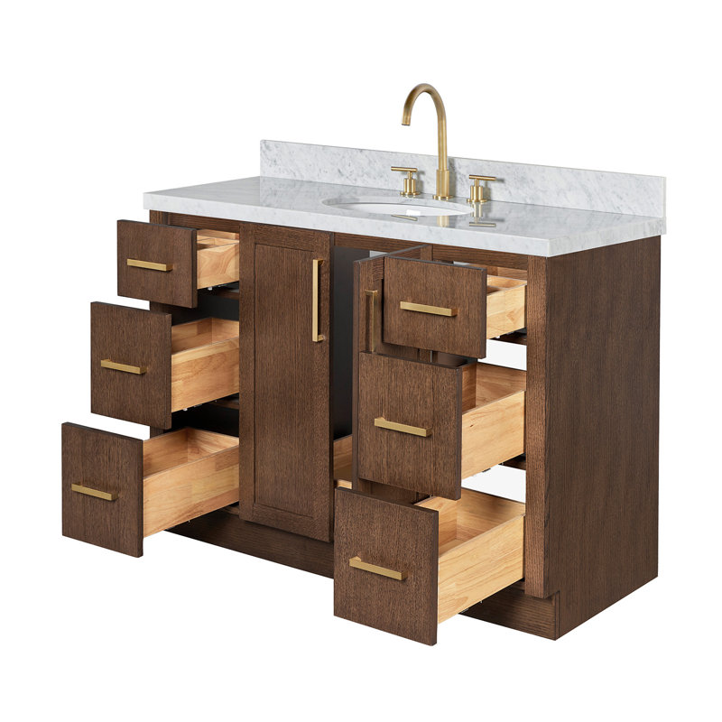 Meuble-lavabo ovale simple de 124 cm (49 po) avec comptoir en marbre blanc de Carrare de 3,8 cm (1,5 po) et finition chêne brun