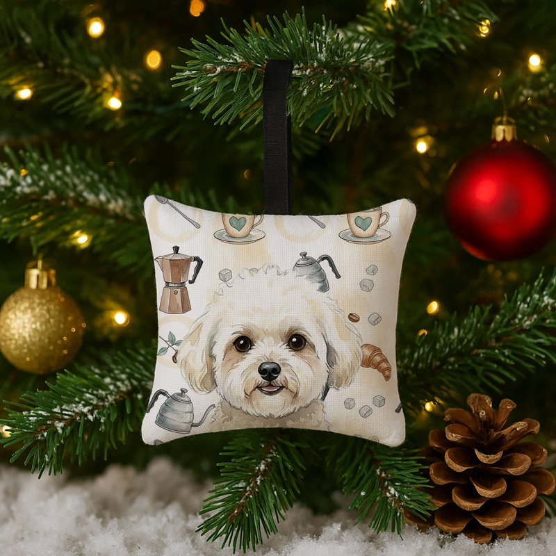Ornement carré en tissu blanc et crème Bichon Frise café 3,5 x 3,5, Bichon frisé blanc et crème