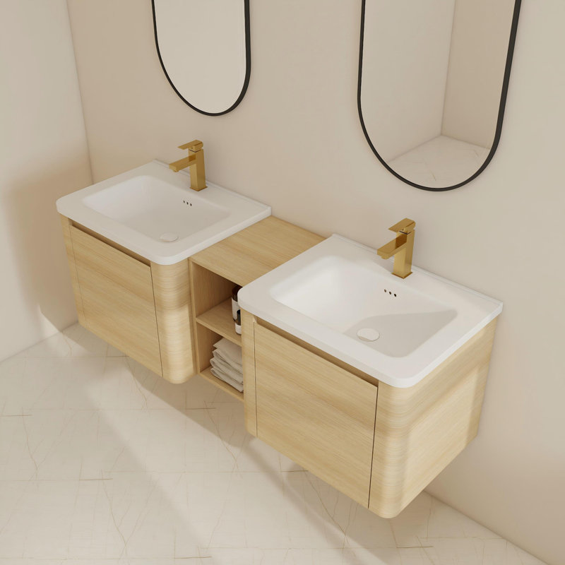 Ensemble de meuble-lavabo double 60 po avec 2 lavabos en céramique, Beige, 60"