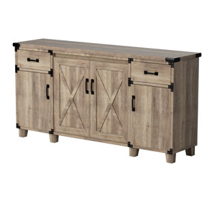 Buffet 65 po avec tablettes rustiques, armoire de rangement à portes de grange avec tiroirs, armoire à café avec rangement en bois