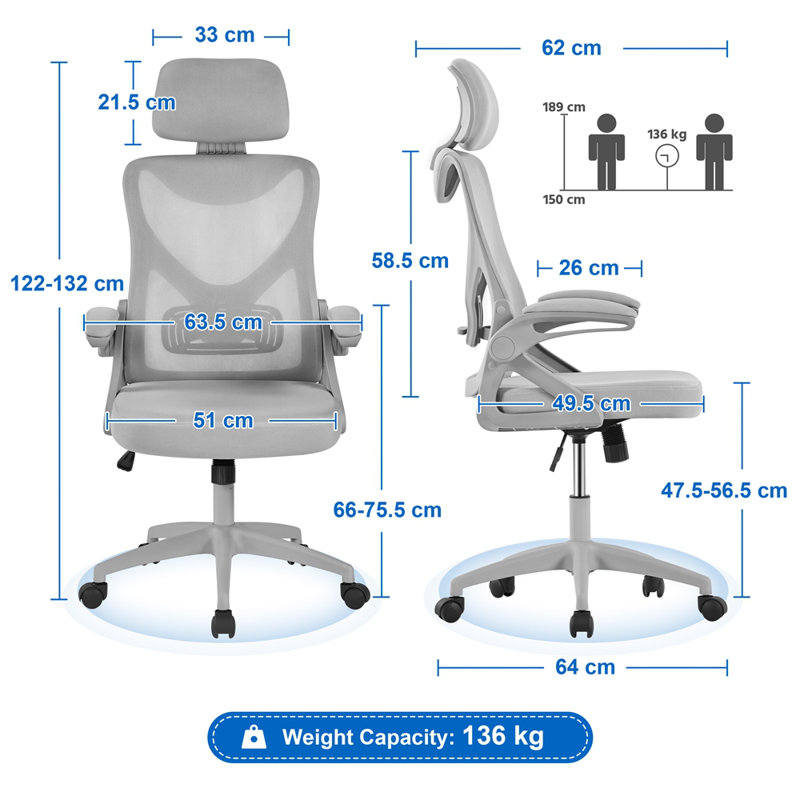 High Back Mesh Swivel Ergonomic Task Office Chair with Flip-Up Arms, Grey, Full Grey