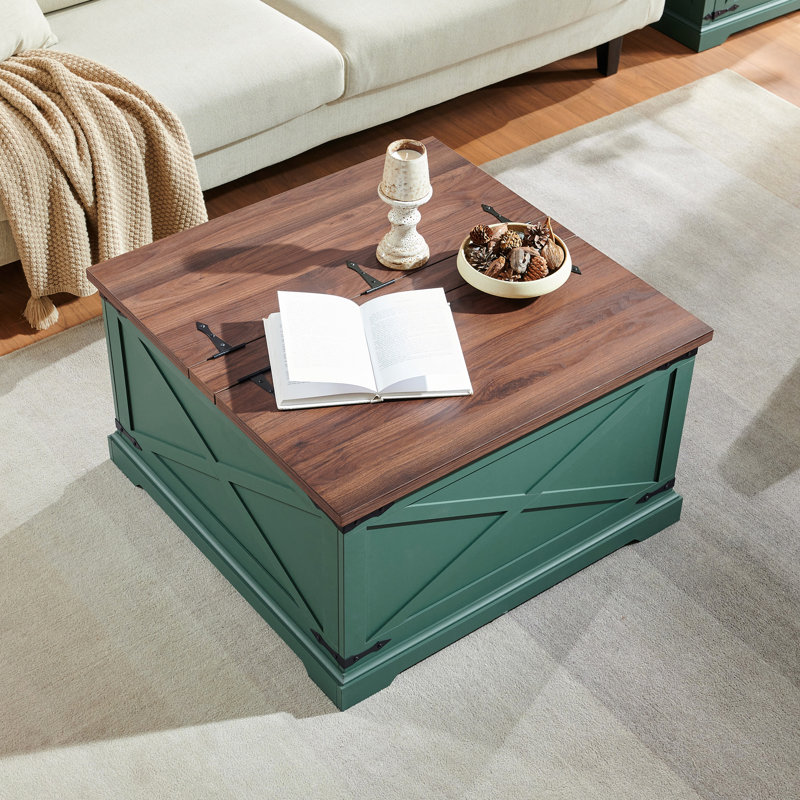 Table basse de style campagnard rustique 31,5 po Adosinda, table basse à plateau relevable avec rangement, tables basses carrées de salon (couleur bleu foncé)