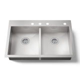 Vault 33" L x 22" W x 6-5/16" Double-Equal Dual-Mount Kitchen Sink with 4 Faucet Holes