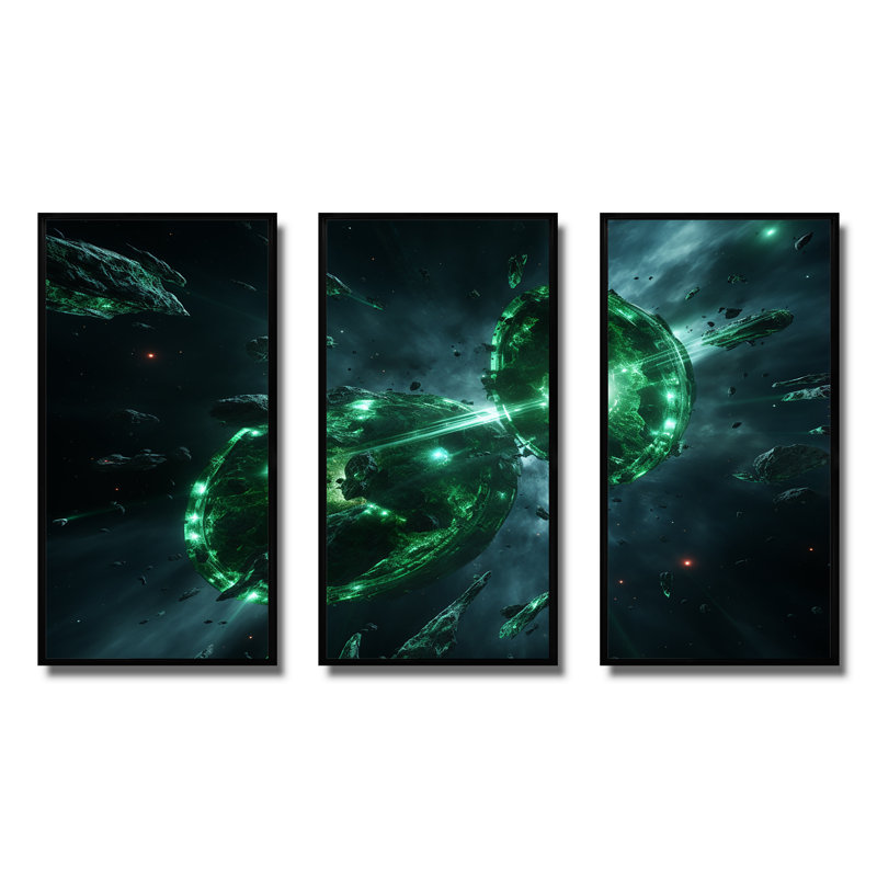 «Green Cosmos Explosion I», art mural de la planète espace, Cadre flottant noir, H 28 po x l 36 po x P 1 po
