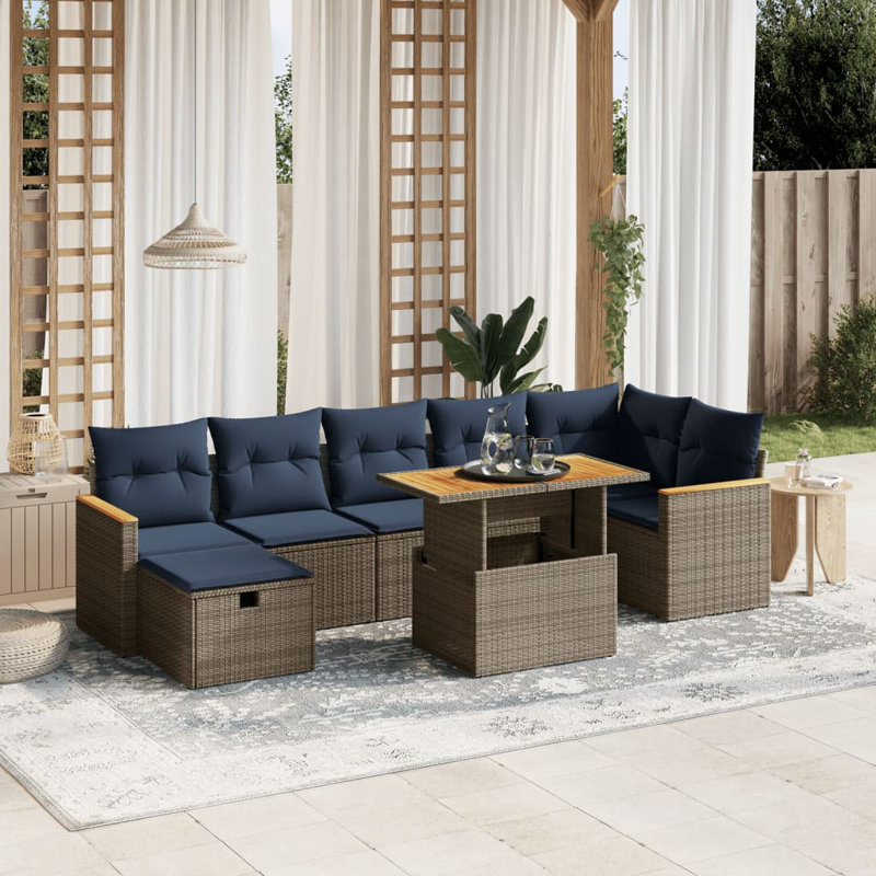  Ensemble de canapé de patio 8 pièces avec coussins en rotin de polyester, Gris, Bleu