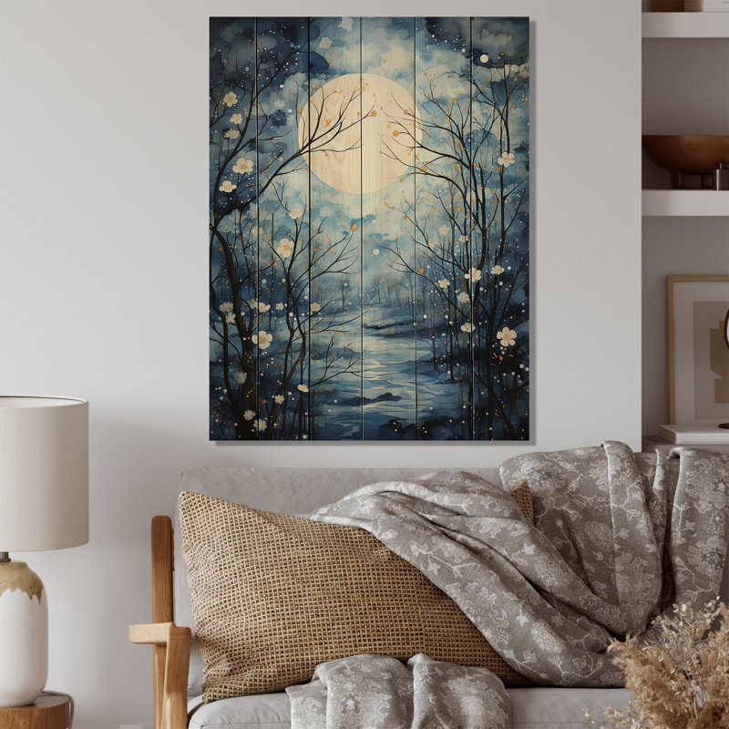 Silhouette d'arbre bleu et blanc au clair de lune I sur bois, H 32 po x l 24 po x P 0,78 po