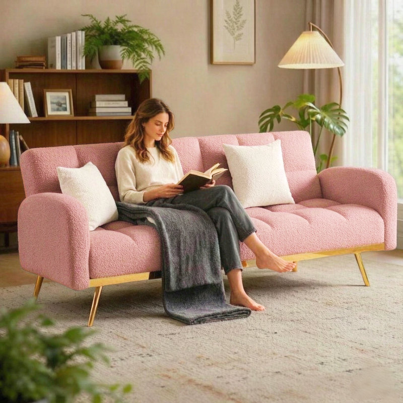 Rinor 69" Convertible Reclining Sofa Bed with Teddy Fleece Upholstery, 3-Position Adjustable Backrest and Metal Legs