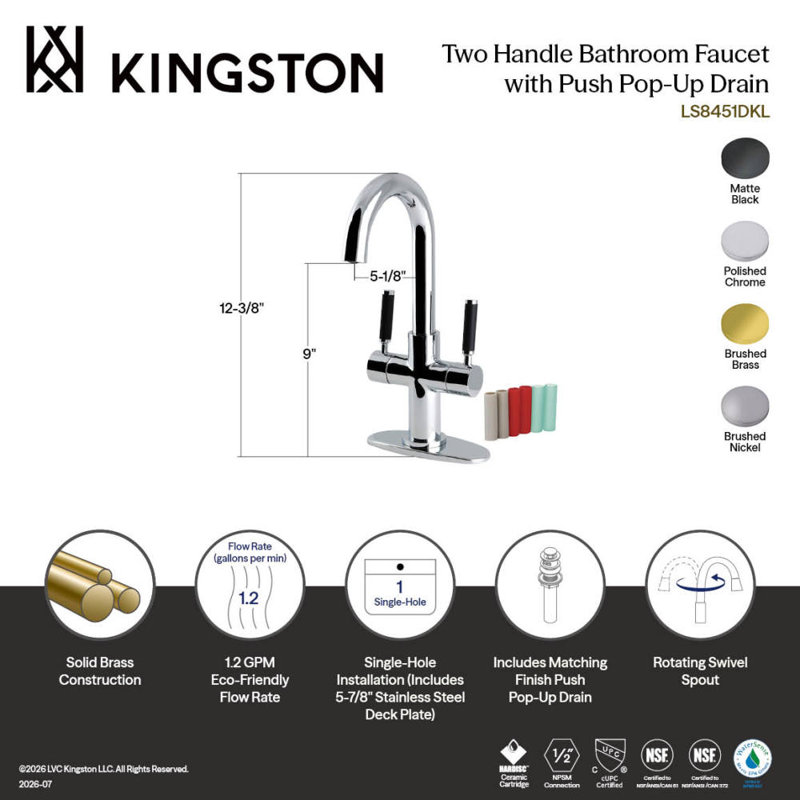 Robinet de salle de bain 1 trou à deux poignées Kaiser avec plaque de pont et bonde à poussoir Kingston Kingston, Chrome poli