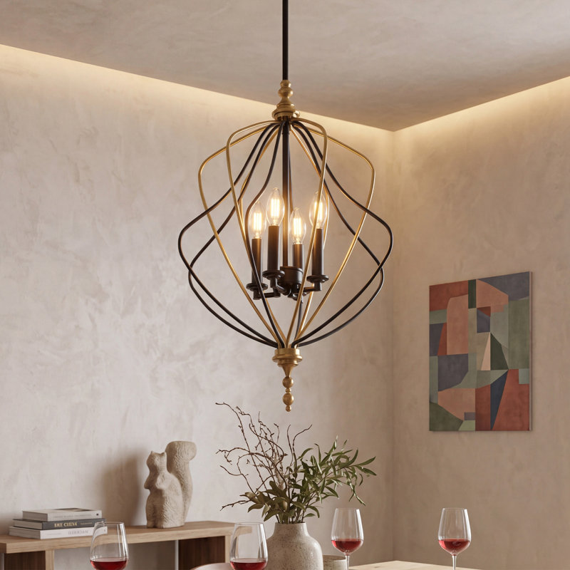 4-Light Gold & Black Geometric Cage Pendant Light, Adjustable Height