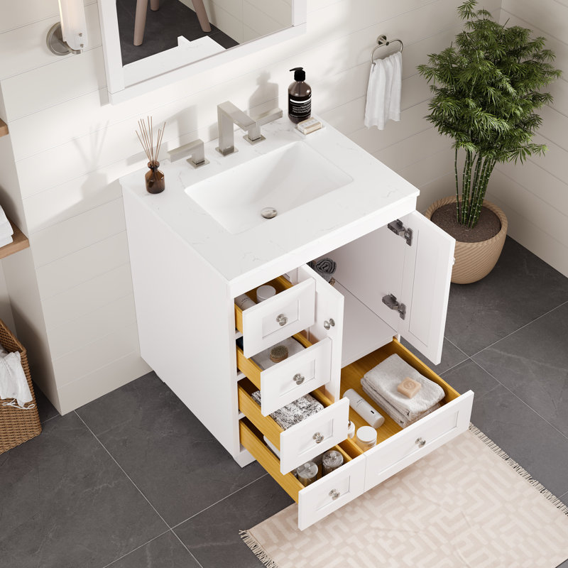 Acclaim 26 po Meuble-lavabo simple blanc avec comptoir en quartz Carrara et lavabo en porcelaine encastré, À entraxe, 26"