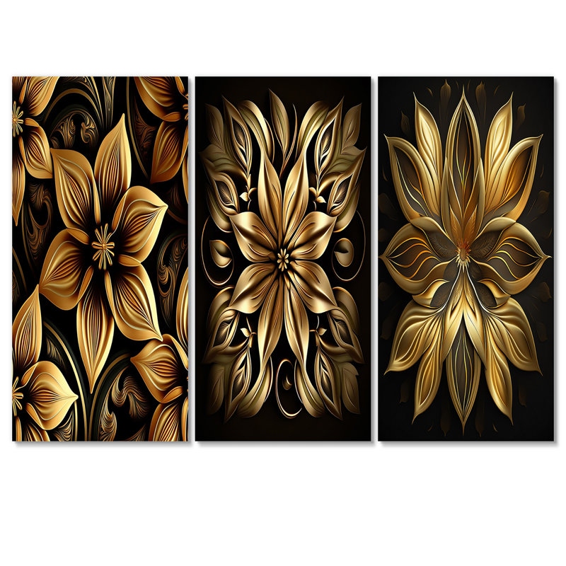 Golden Lily on Black I - ensemble de 3 reproductions sur toiles tendues, H 40 po x l 60 po x P 1 po