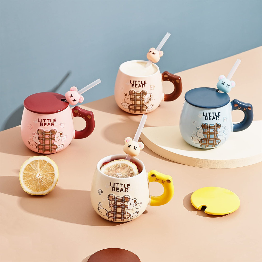 500 ml (4 Stück) Cheris Cute Bear Kaffeetassen-Set aus Keramik mit Deckel und Strohhalm