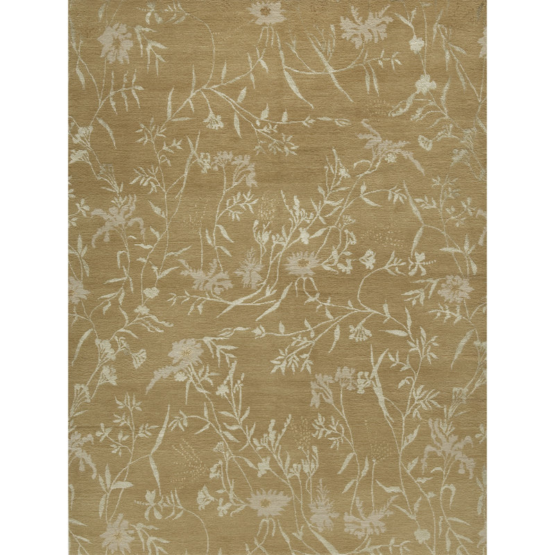 Tapis floral en soie / laine noué à la main brun / sauge, Rectangle 9 pi x 12 pi