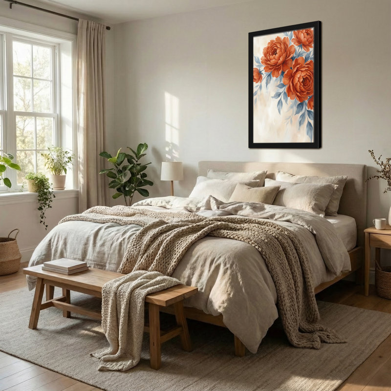 Plantes et fleurs roses oranges avec motif de feuilles bleues, H 24 po x l 36 po