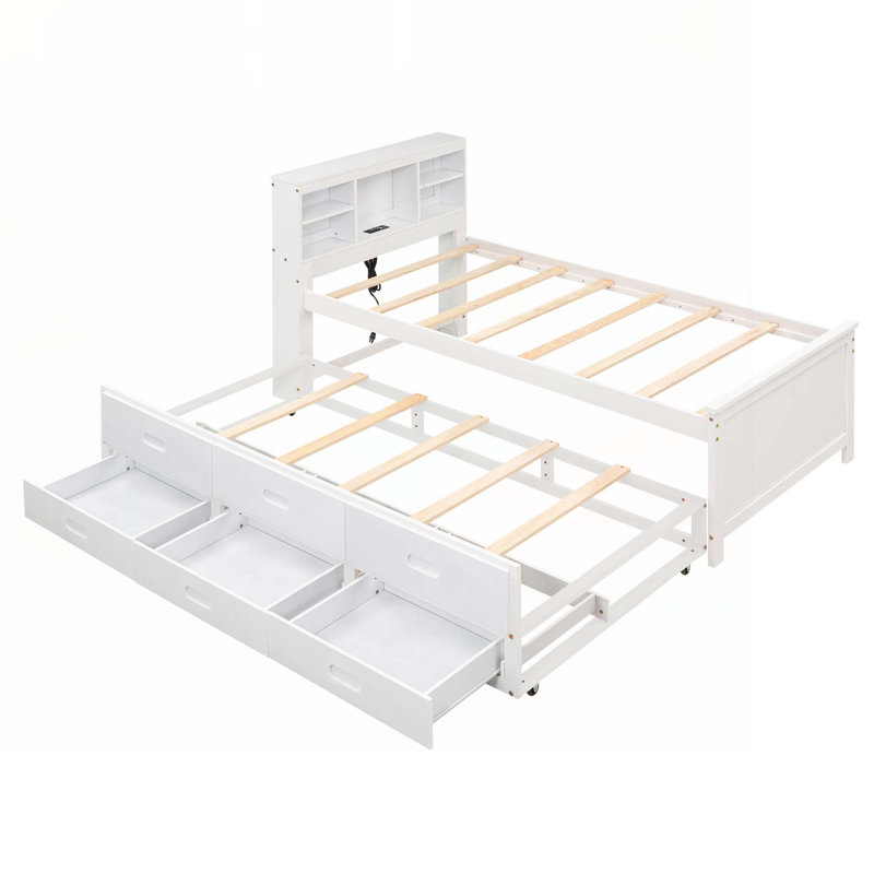 Lit plateforme avec tête de lit avec rangement, Simple, Blanc