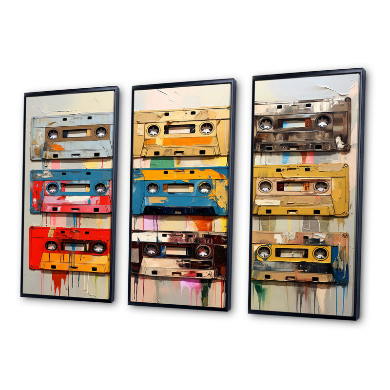 Popart Cassette Tapes Nostalgy - Ensemble de décoration murale cassettes, Cadre flottant noir, H 28 po x l 36 po x P 1 po