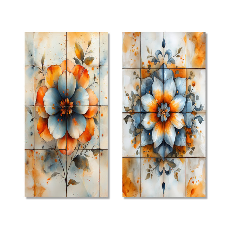 Orange bleu azulejo artistique Boho Tiles I - ensemble de 2 décorations murales en métal, H 32 po x l 32 po