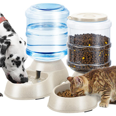 2 Pack Automatic Cat Feeder And Water Dispenser In Set Pet Food Bowl For Small Medium Dog Pets Puppy Kitten Big Capacity 1 Gallon X 2 (Cream)