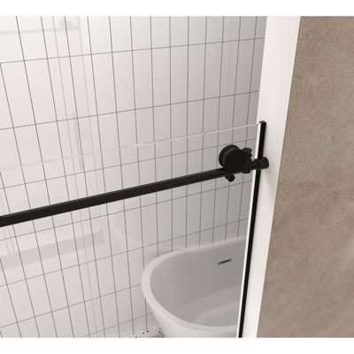 Porte de douche de 56 à 60 po de largeur et 76 po de hauteur, verre trempé transparent de 1/4 po (6 mm), noir mat, film résistant, grandes roues, facile à entretenir, bande de blocage de l'eau coulissante lisse, idéale pour la salle de bain sèche