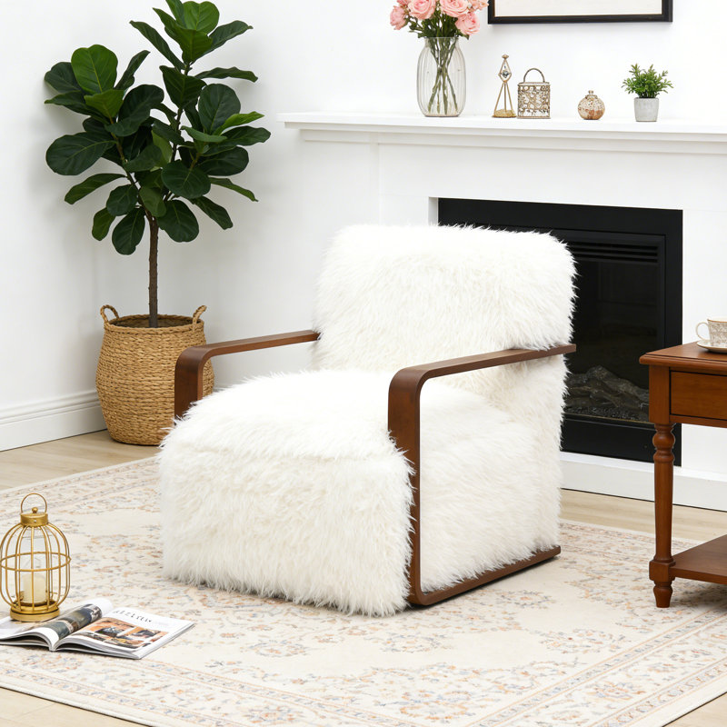 28.3" Wide Faux Fur Accent Chair,Upholstered Lounge Chair With Curved Wooden Arms,Tight Back & Seat,Armchair For Living Room,Bedroom