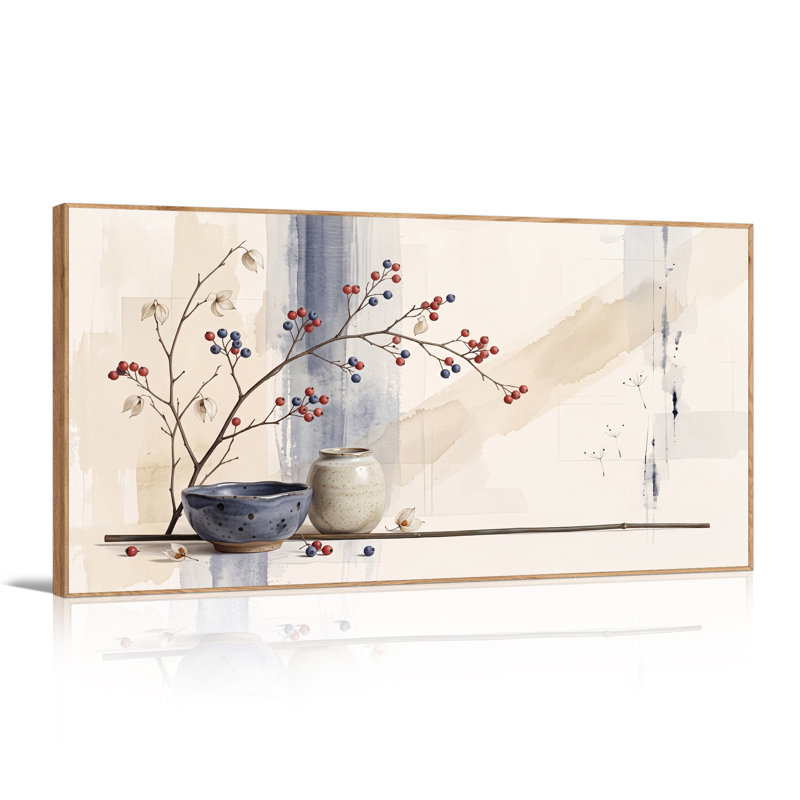 Branches de baies rouges et bleues avec vases en céramique sur toile neutre, L 58 po x H 28 po