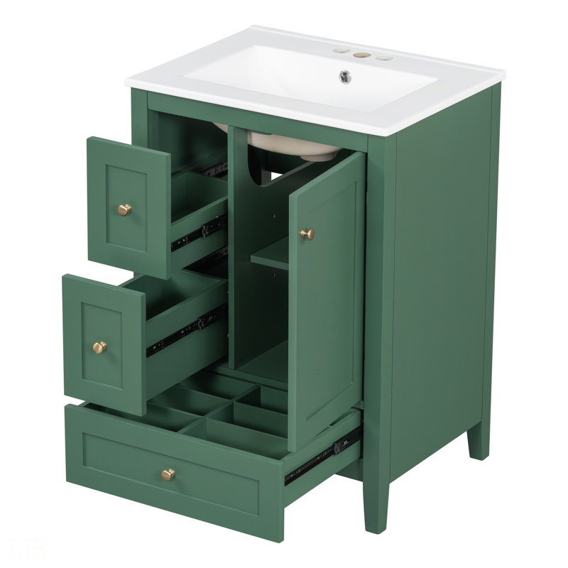 Meuble-lavabo de 24 po avec rangement, tablette réglable, panneau de fibres à densité moyenne et bois d'hévéa, cloisons amovibles et meuble-lavabo