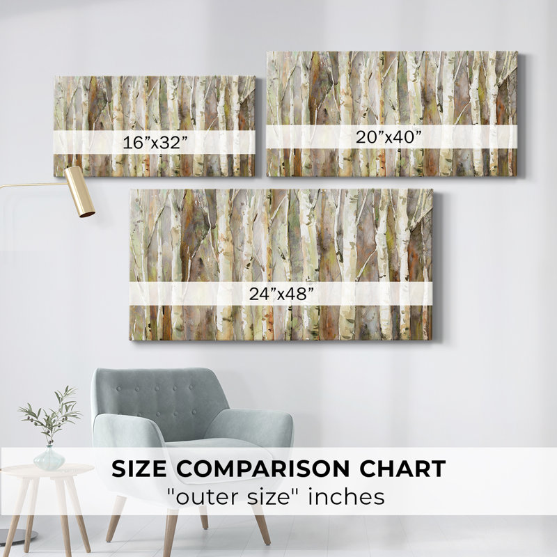 Birch Path- Toile tendue avec châssis tendue - Prêt à accrocher, H 17 po x l 33 po, Doré