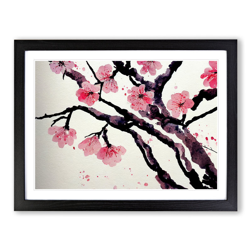Cherry Blossom Flower Watercolour Vol.1 - Single Picture Frame Painting, 46cm H x 64cm W x 2cm D, Black