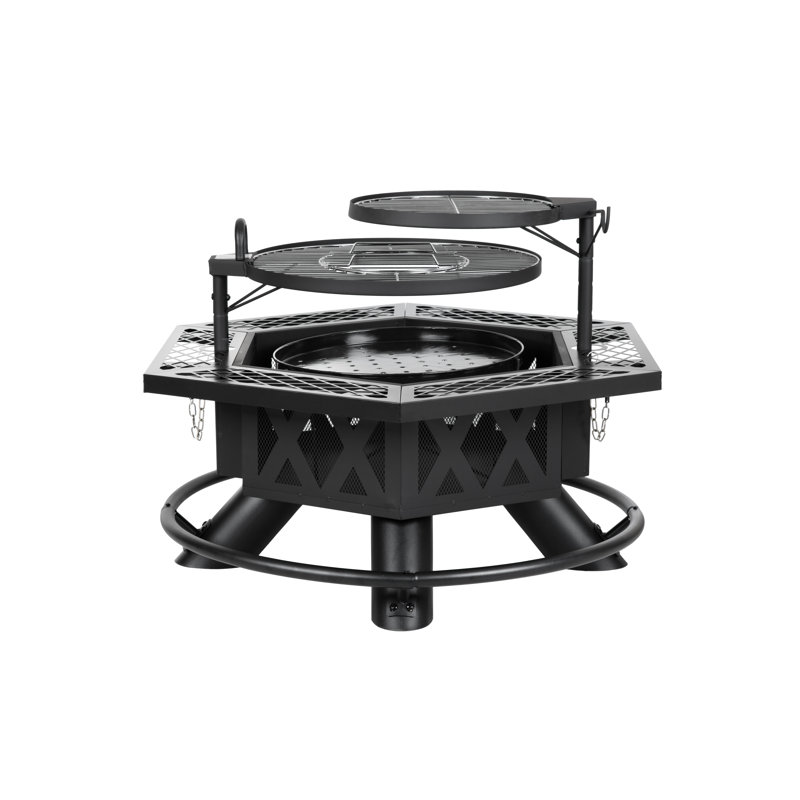 Hexagonal Wood Burning Fire Pit with Cooking Grates – 37.4" Black