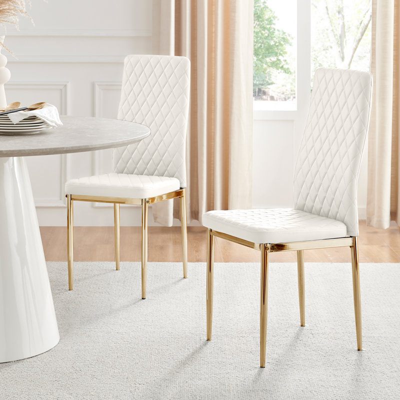 Eubanks Faux Leather Modern Tall Back Dining Chairs with Metal Legs & Diamond Stitching, White, Gold, 4