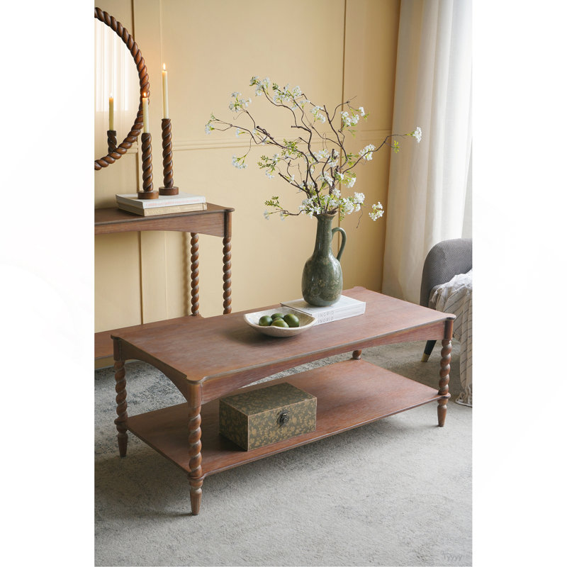 Table basse 47 x 22 x 18,5 po en bois brun rustique avec pieds en spirale tournés et tablette inférieure