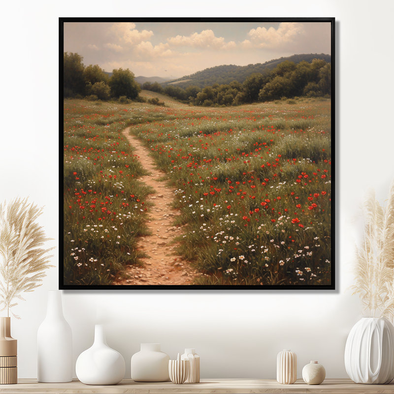 «Country Round Through Blossoming Meadow», impression d'art mural campagne, Toile avec cadre flottant noir