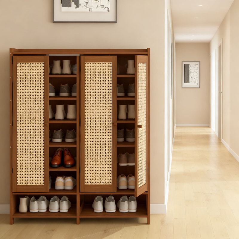 Grande armoire à chaussures à 8 niveaux avec portes, range-chaussures robuste en bambou et en rotin pour le rangement du vestibule