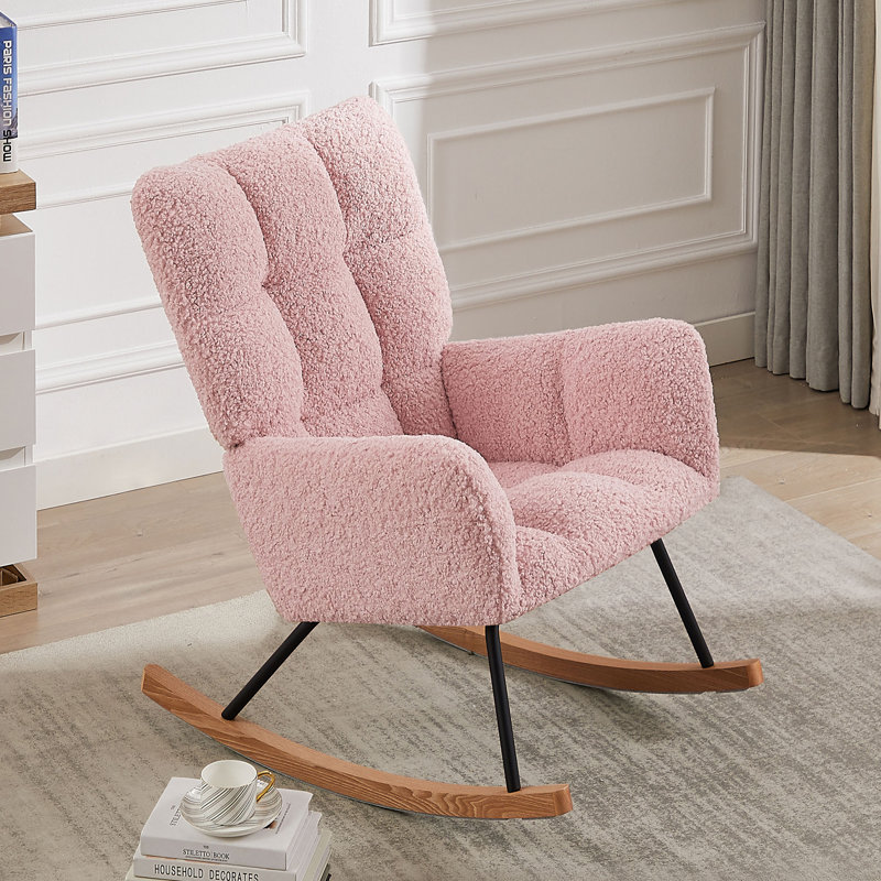 Chaise berçante rembourrée avec dossier haut Comfy, Bouclé rose