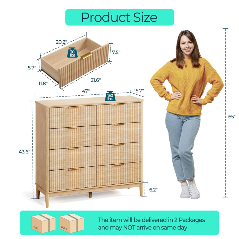 Soren 47 " 8-Drawer Dresser With Solid Wood Legs, Oak
