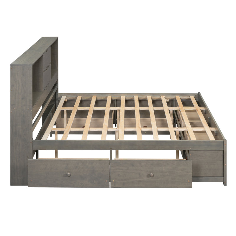 Lit plateforme très grand avec tête de lit à rangement et 8 tiroirs, lit de rangement compact, gris, gris, Très grand
