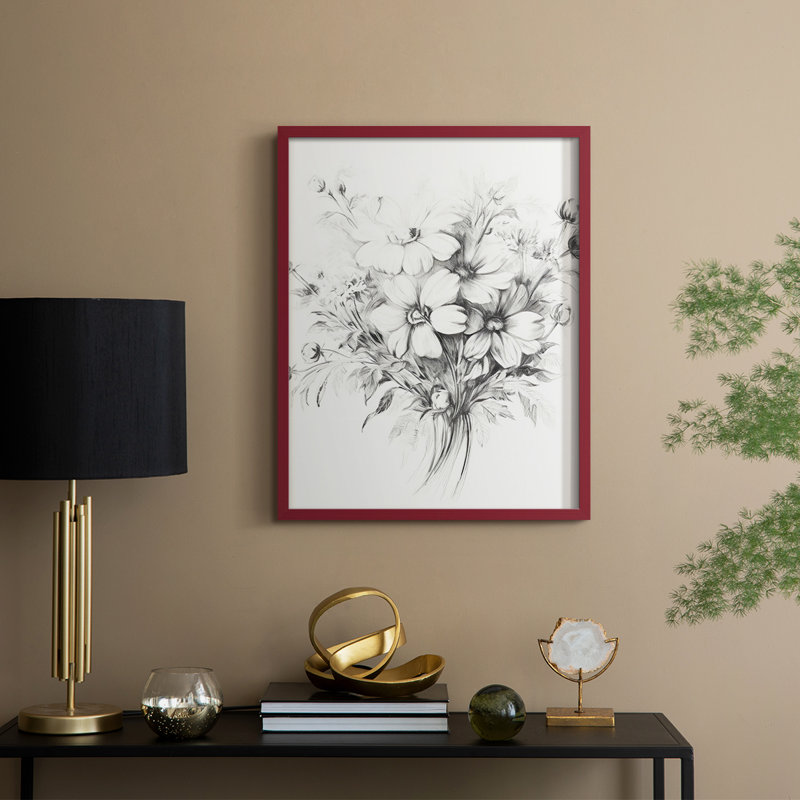 Reproduction florale rétro encadrée XIXème - bois massif, H 15 po x l 12 po, Rouge