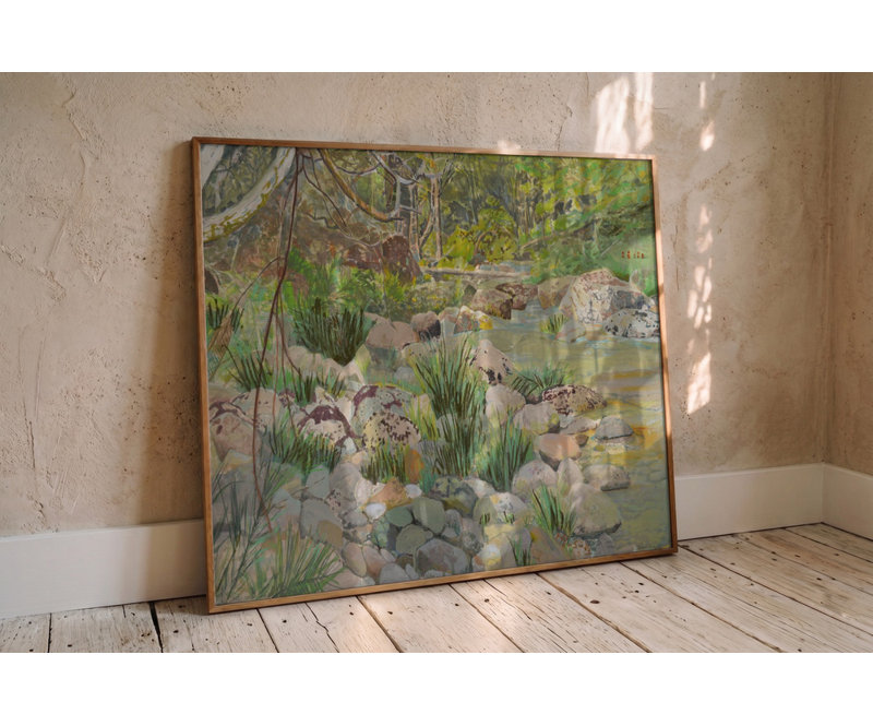 Lush Forest Stream by Other Artist, 24 × 16, Framed Print, Gold