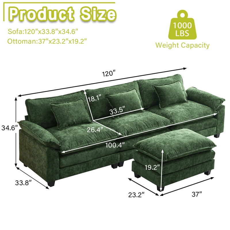120" Sectional Sofa Comfy Cloud Couch For Living Room Modern Sofa Sleeper Deep Couches With Ottoman, Green Chenille