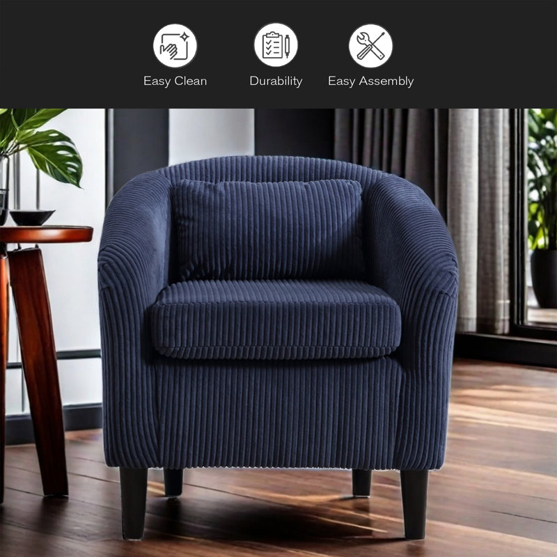 Fauteuil demi-tonneau Living Room, Velours côtelé bleu