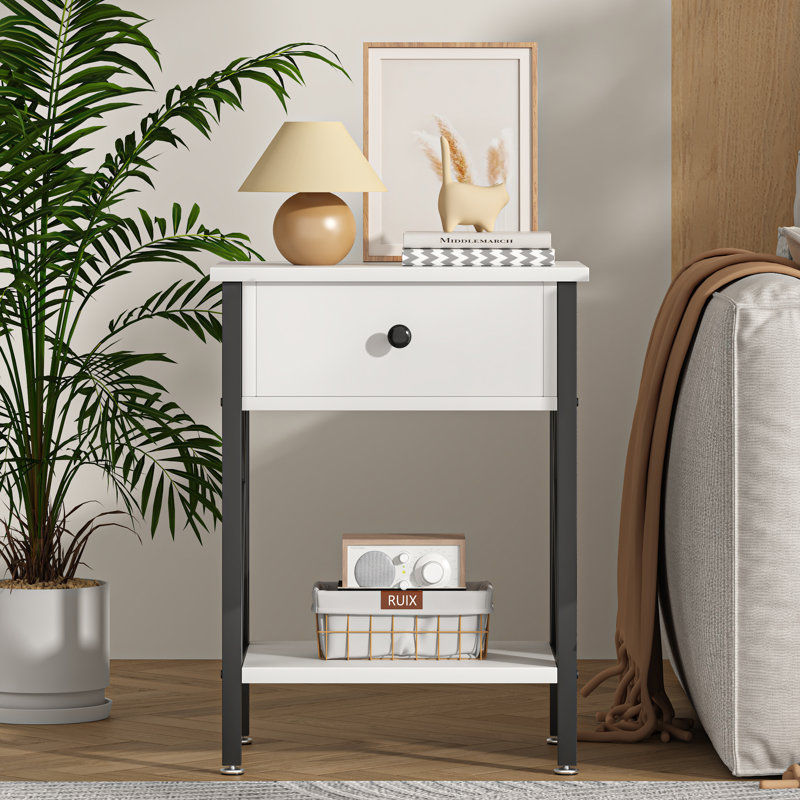 Alameen Nightstand Wood Bedside Table Small Nightstand with Drawer and Shelf for Bedroom, Living Room, Dorm, White