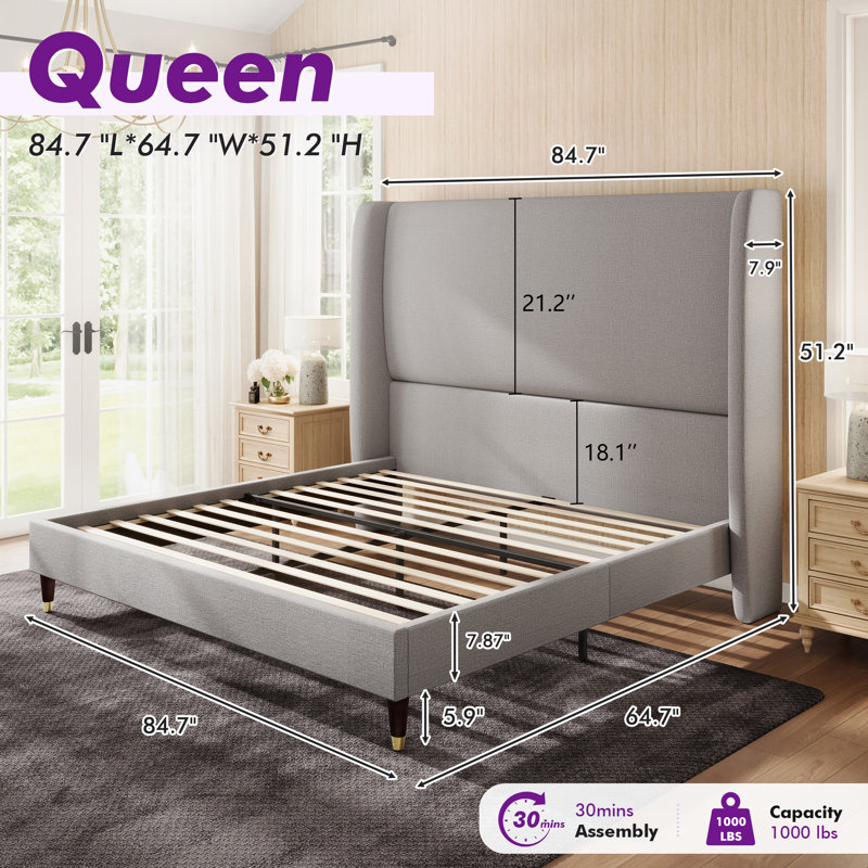 Belo Queen Light Gray Upholstered Wingback Platform Bed, Queen, Light Gray
