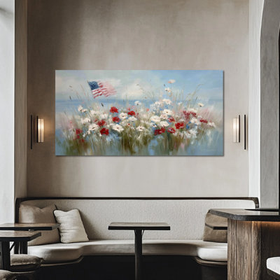 Large Patriotic Wall Art - American Flag Canvas Painting, Red and White Floral Picture for 4th of July Decoration, Wrapped Canvas with Pine Frame, 24×48 inches