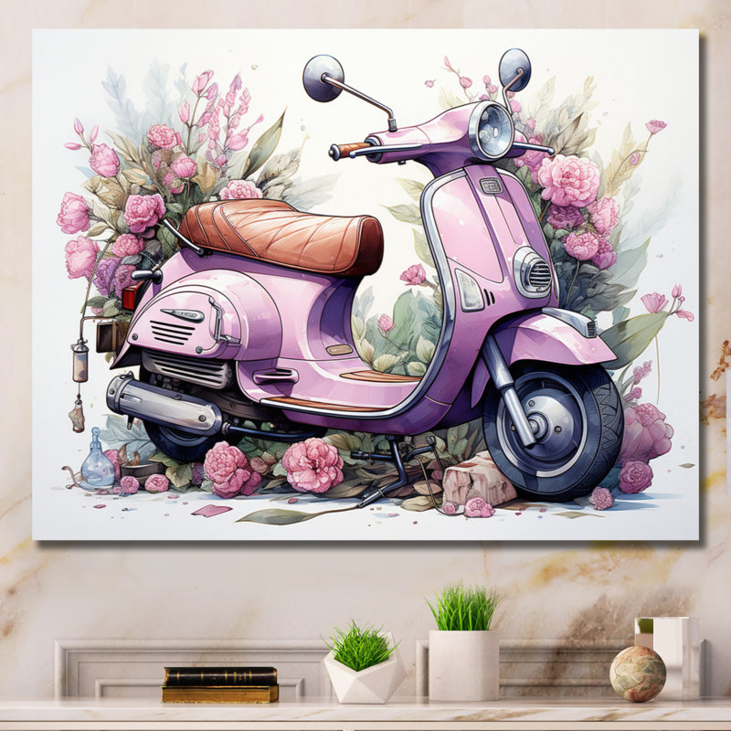 «Pink Scooter Floral Fantasy II», reproduction sur toile, H 12 po x l 20 po x P 1 po, Toile tendue