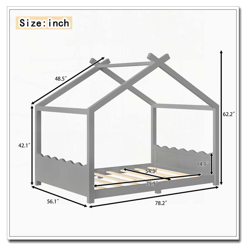 Lit de maison avec lattes de soutien, cadre de lit de maison en bois massif, Gris, Lit double