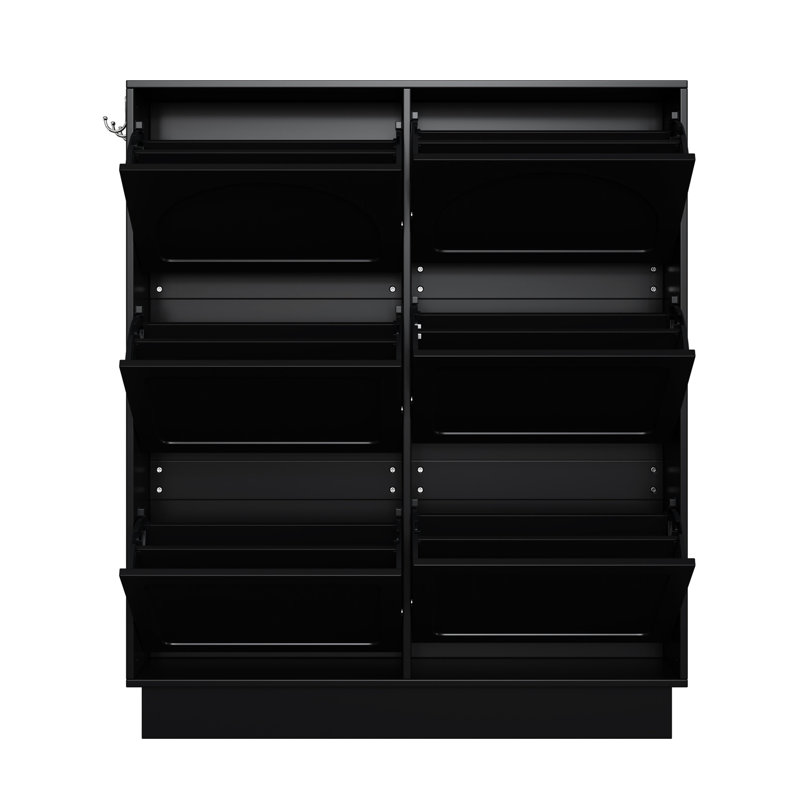 Élégante armoire à chaussures de style crème, 6 tiroirs rabattables, rangement réglable, 3 crochets, armoire étroite noire moderne pour vestibule, étagère, rangement