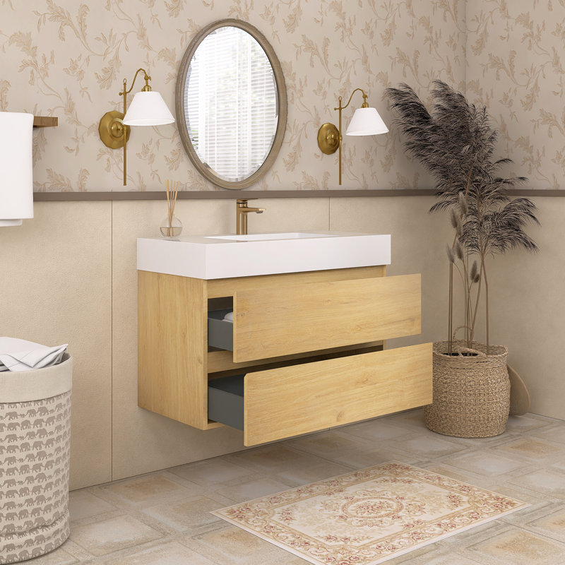 Meuble-lavabo simple 35,8 po avec surface solide Sibin, Blanc, Chêne